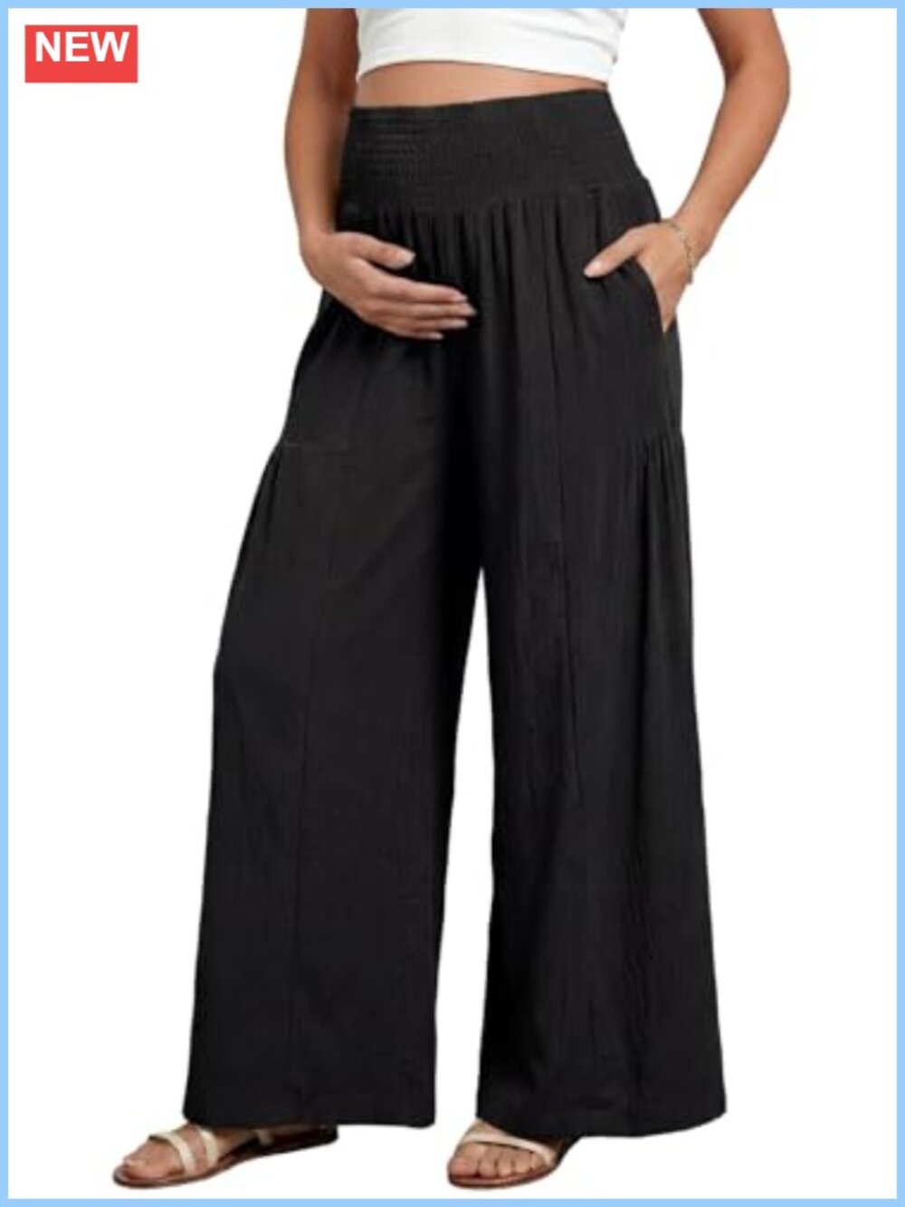 Maternity Smocked High Waist Palazzo Pants Wide Leg Casual Trousers